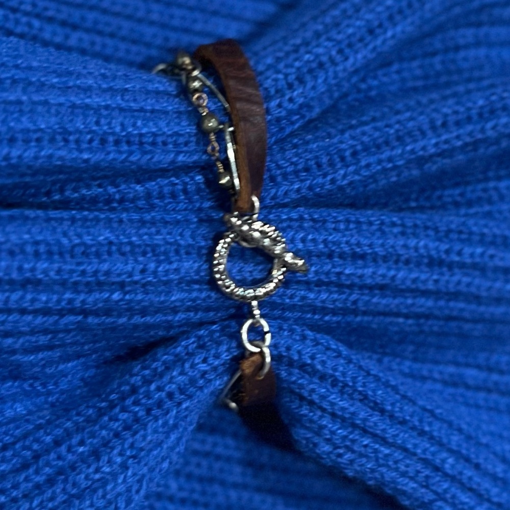 Leather & Silver Tone Bracelet with Toggle Clasp